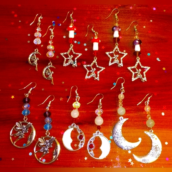 Cat Moon Wolf Witch Fairy Charmed Beaded Earrings Unique Handmade Holiday Gift - Picture 1 of 4